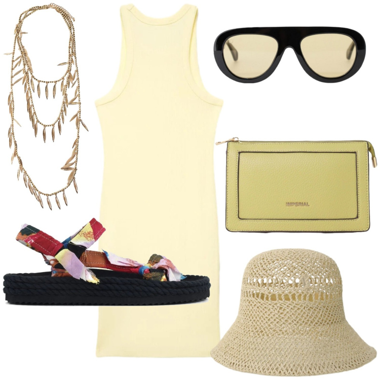 Outfit donna - Abiti fluidi sotto il sole. Stile Chic per Tutti i giorni. Abbinamento con vestiti corti, occhiali da sole, borse a tracolla, cappelli, collane, sandali.