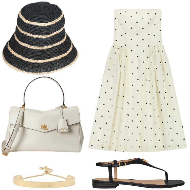 Outfit donna - Abiti fluidi sotto il sole. Stile Glamour per Tutti i giorni. Abbinamento con cappelli con visiera, vestiti midi/longuette, sandali in pelle, borse a mano, braccialetti.