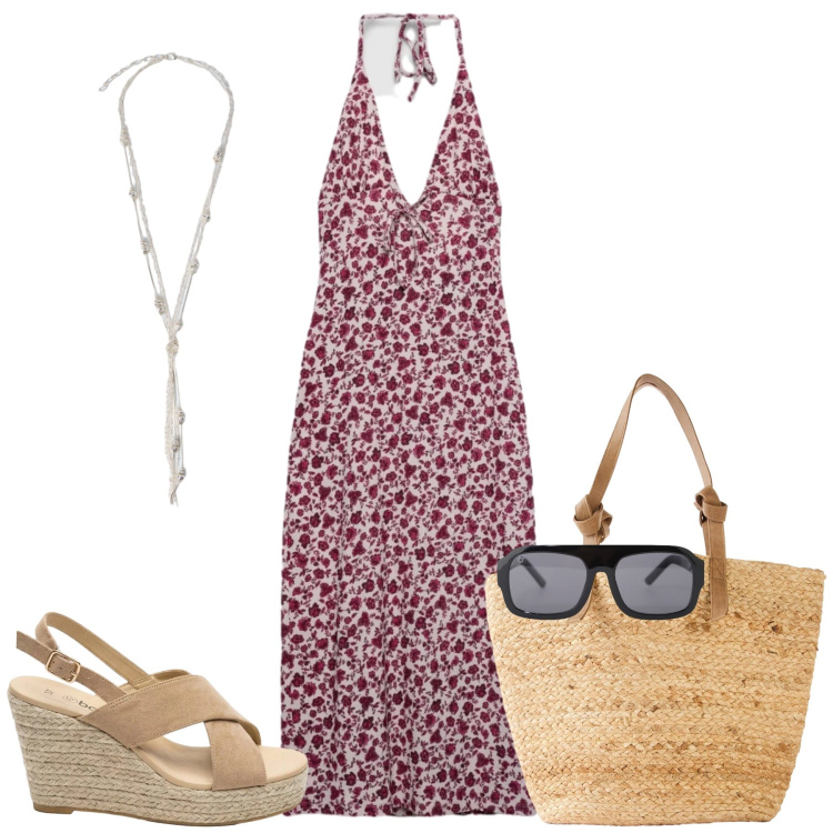 Outfit donna - Total look #2415485. Stile Casual chic per Tutti i giorni. Abbinamento con shopping bag, sandali col tacco, vestiti midi/longuette, occhiali da sole, collane.