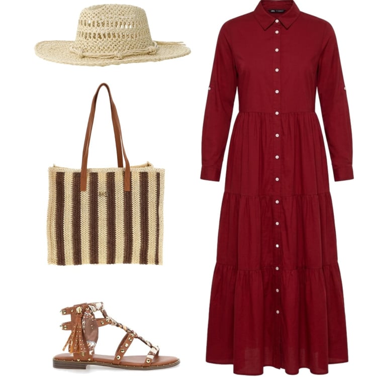 Outfit donna - Neo folk. Stile Etnico per Tutti i giorni. Abbinamento con vestiti chemisier, cappelli, sandali, borse a spalla.