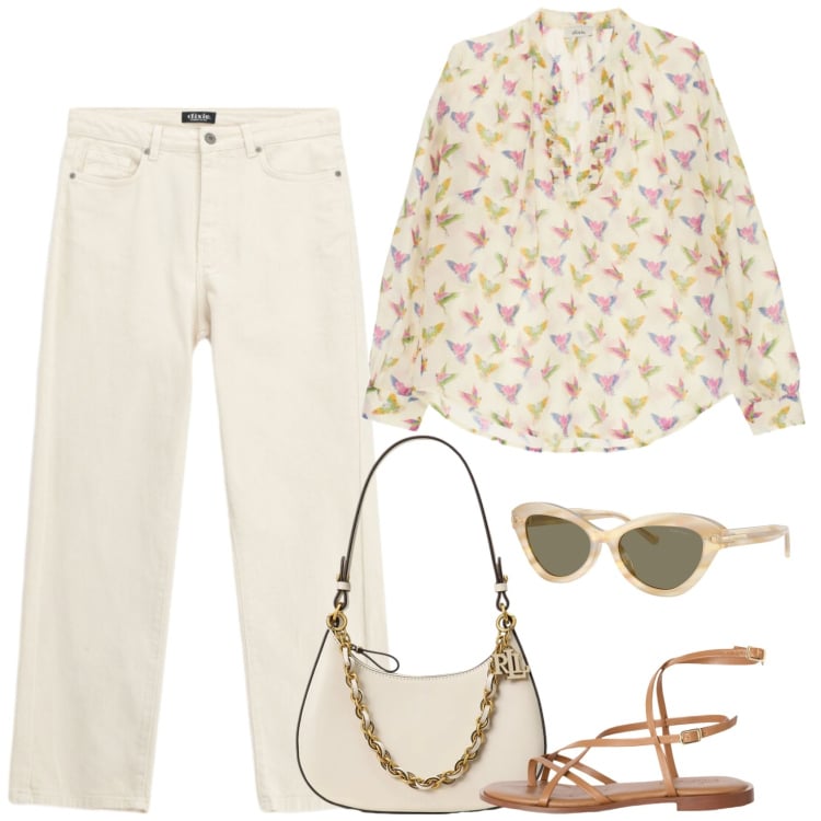 Outfit donna - Delizioso. Stile Casual per Ufficio. Abbinamento con sandali in pelle, jeans dritti, bluse, occhiali da sole, borse a spalla.