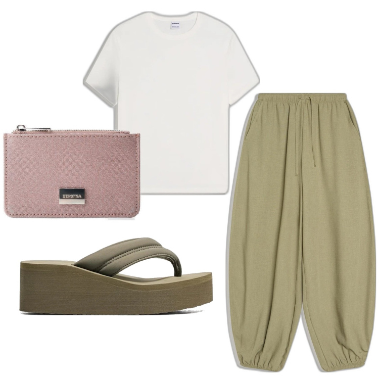 Outfit mujer - Basic look. Estilo Basic para Todos los días. Combinación con sandalias, camiseta, pantalones, monederos.