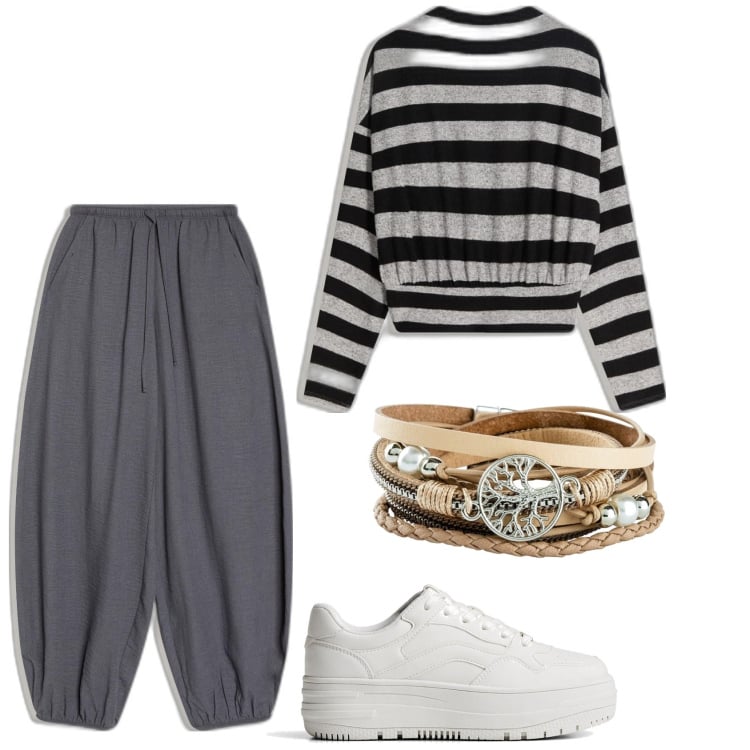 Outfit mujer - Casual look. Estilo Casual para Todos los días. Combinación con pulseras, sudaderas, sneakers, pantalones.