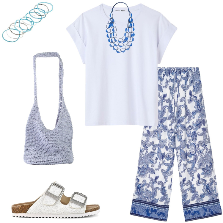 Outfit donna - Colori d\'estate. Stile Casual chic per Tutti i giorni. Abbinamento con braccialetti, shopping bag, pantaloni, t-shirt, collane, sandali.