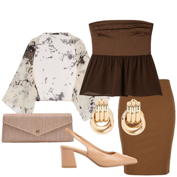 Outfit donna - Total look #2415512. Stile Chic per Cerimonia. Abbinamento con décolleté, orecchini, gonne longuette, top, pochette, blazer.