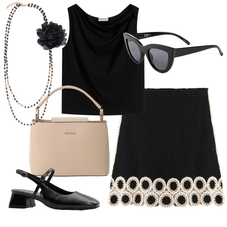 Outfit donna - Miss retrò. Stile Bon Ton per Tutti i giorni. Abbinamento con top, gonne, décolleté, occhiali da sole, borse a secchiello, collane.
