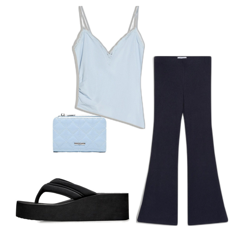 Outfit mujer - Basic look. Estilo Basic para Todos los días. Combinación con sandalias, pantalones, top, monederos.