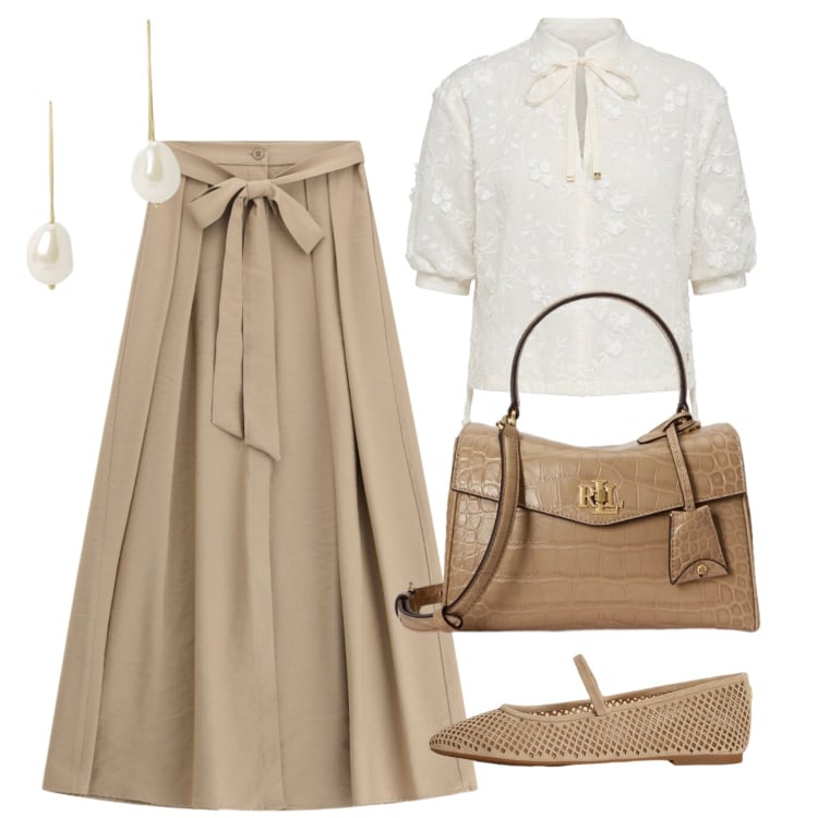 Outfit donna - Dall\'ufficio all\'aperitivo. Stile Bon Ton per Ufficio. Abbinamento con gonne lunghe, bluse, ballerine, orecchini, borse a mano.