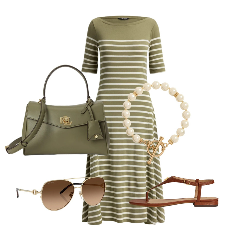 Outfit donna - Total look #2415517. Stile Casual chic per Tutti i giorni. Abbinamento con occhiali da sole, collane, sandali in pelle, vestiti midi/longuette, borse a mano.