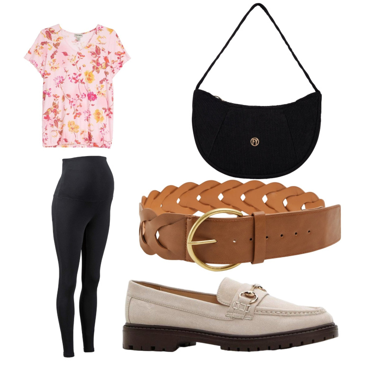 Outfit donna - Rosa e Libertà. Stile Romantica per Tutti i giorni. Abbinamento con borse a mano, cinture, leggings, bluse, mocassini.