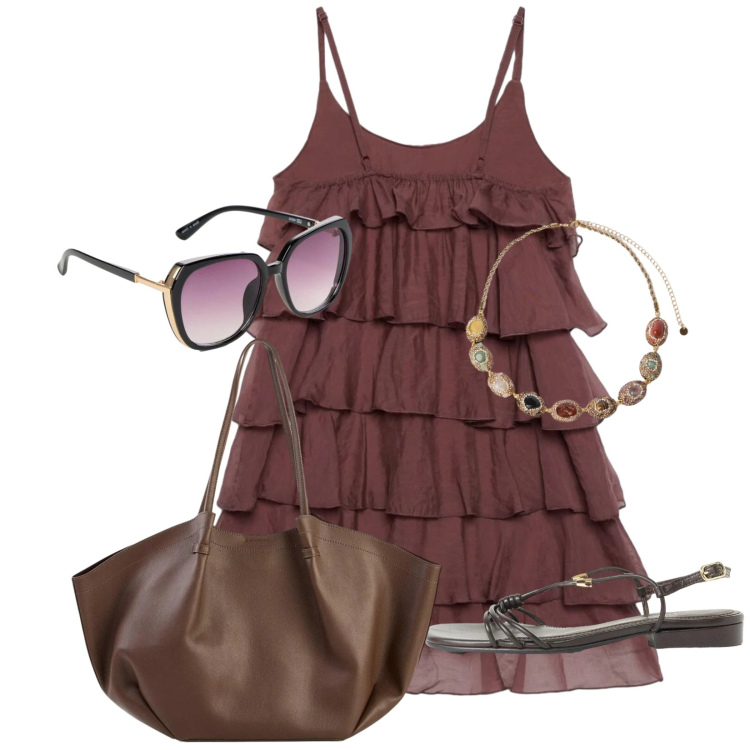 Outfit donna - Total look #2415520. Stile Casual per Tutti i giorni. Abbinamento con sandali, occhiali da sole, shopping bag, vestiti corti, collane.