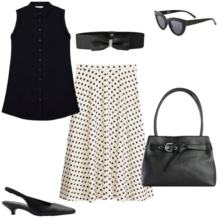 Outfit donna - La gonna a pois. Stile Vintage retrò per Tutti i giorni. Abbinamento con borse a mano, décolleté, gonne longuette, occhiali da sole, camicie a manica corta, cinture.