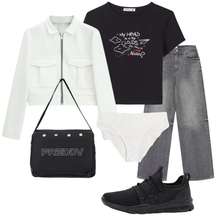 Outfit donna - Total look #2415523. Stile Urban per Tutti i giorni. Abbinamento con culotte, sneakers, jeans, t-shirt, cappotti, borse messenger.