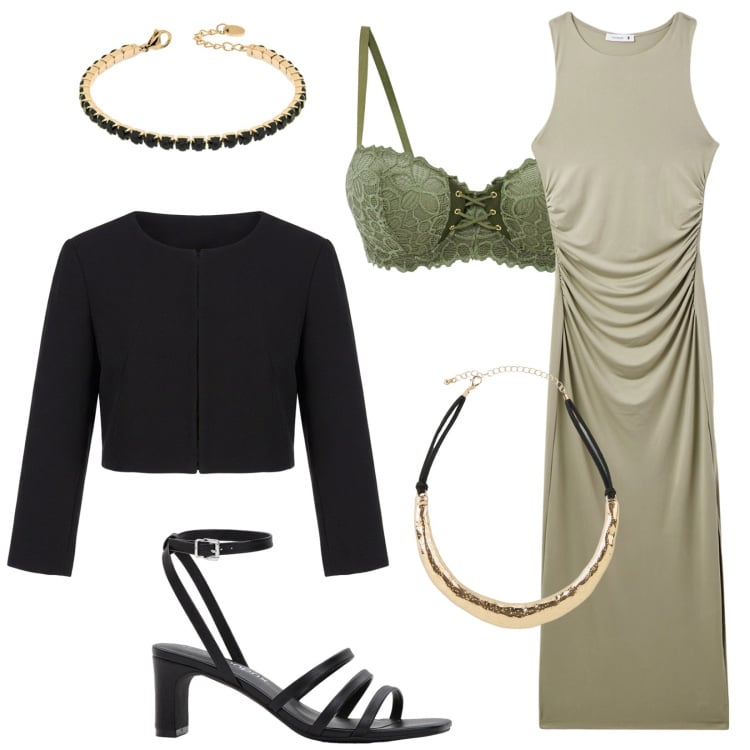 Outfit donna - Total look #2415524. Stile Glamour per Cerimonia. Abbinamento con reggiseni a balconcino, sandali col tacco, collane, vestiti lunghi, bolero, braccialetti.