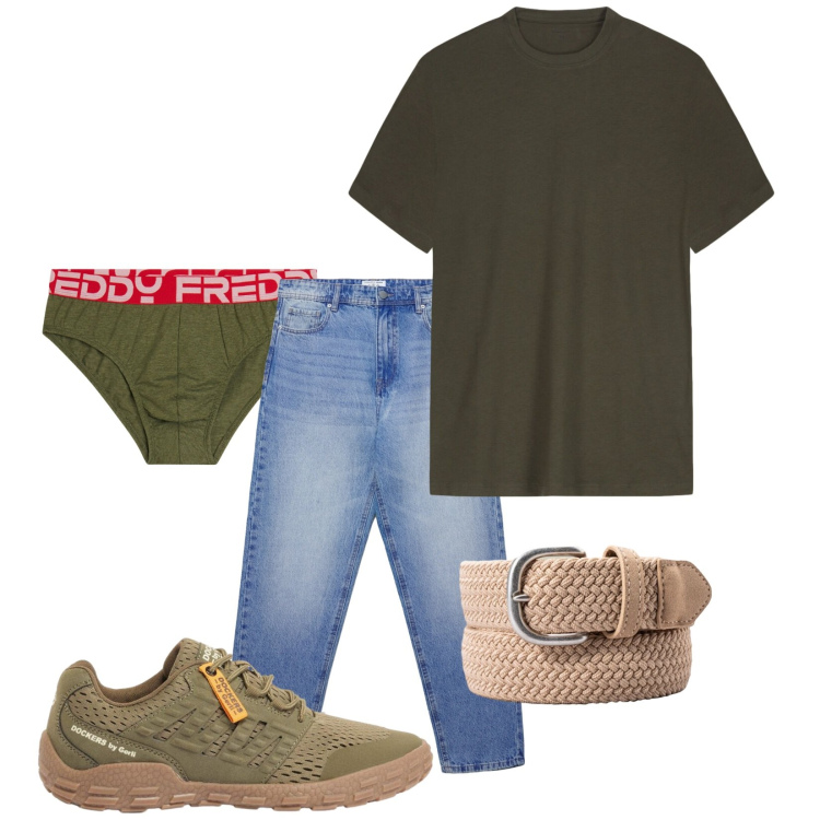 Outfit uomo - Total look #2415525. Stile Urban per Tutti i giorni. Abbinamento con sneakers, jeans, slip, t-shirt, cinture.