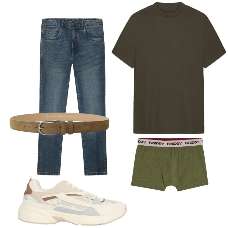 Outfit uomo - Total look #2415526. Stile Casual per Tutti i giorni. Abbinamento con sneakers, cinture, boxer, t-shirt, jeans.
