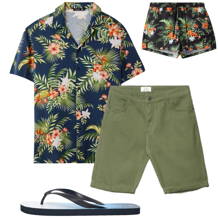 Outfit uomo - Total look #2415527. Stile Trendy per Mare. Abbinamento con camicie a manica corta, bermuda, sandali, costumi.