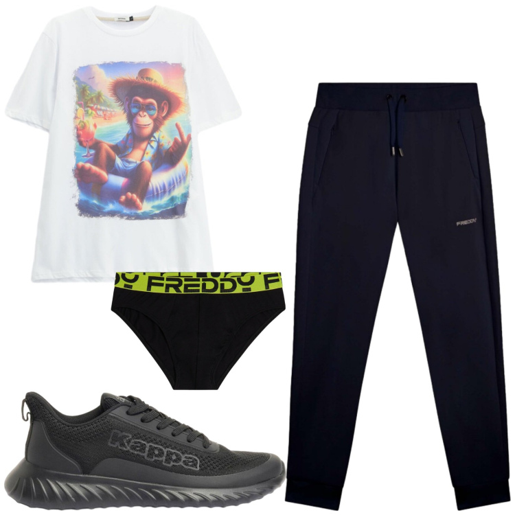 Outfit uomo - Total look #2415528. Stile Casual per Sport. Abbinamento con sneakers, t-shirt, slip, pantaloni.