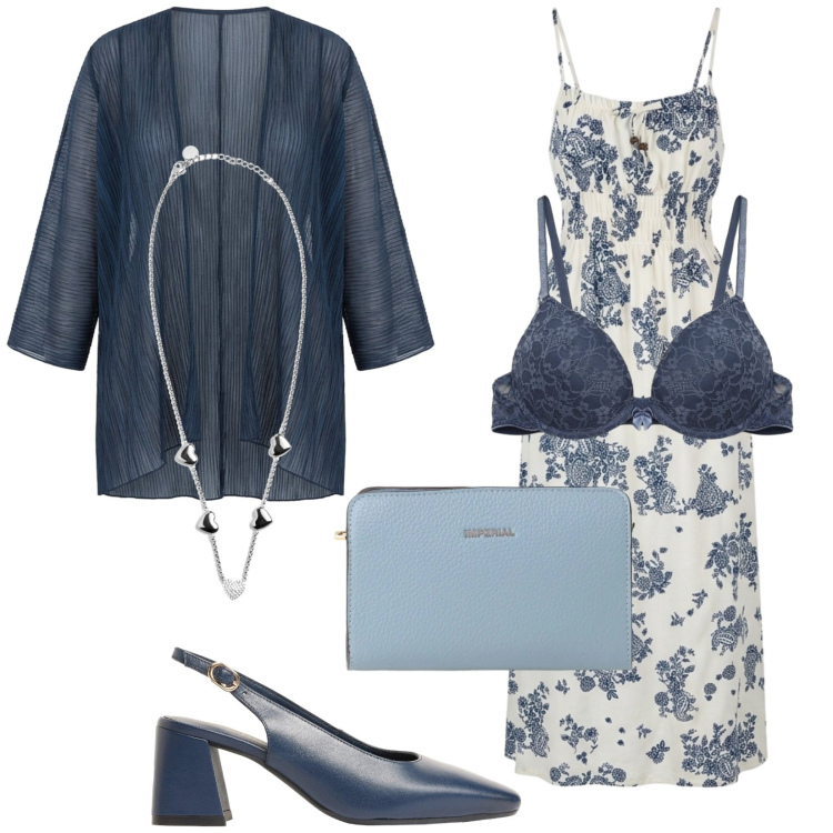 Outfit donna - Giugno di sera. Stile Vintage retrò per Serata fuori. Abbinamento con décolleté, reggiseni push-up, vestiti lunghi, borse a tracolla, collane, blazer.