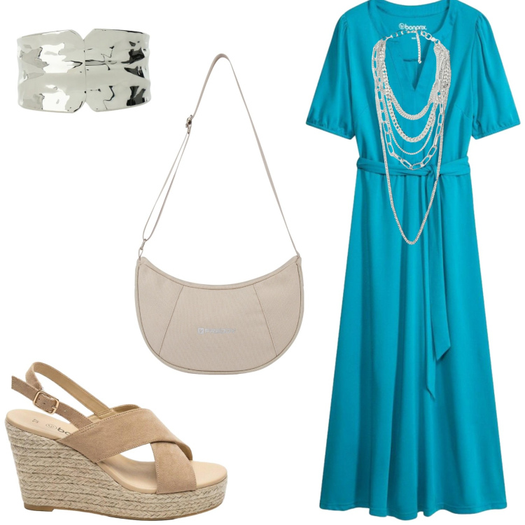 Outfit donna - Per un pomeriggio d\'estate. Stile Chic per Tutti i giorni. Abbinamento con vestiti midi/longuette, sandali col tacco, braccialetti, collane, borse a spalla.