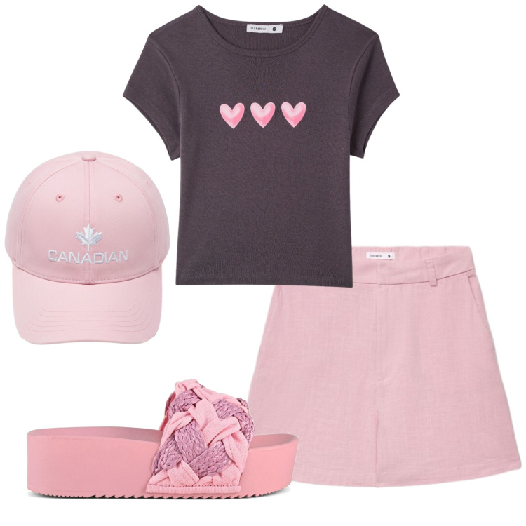 Outfit donna - Total look #2415533. Stile Romantica per Mare. Abbinamento con t-shirt, bermuda, berretti, ciabatte.