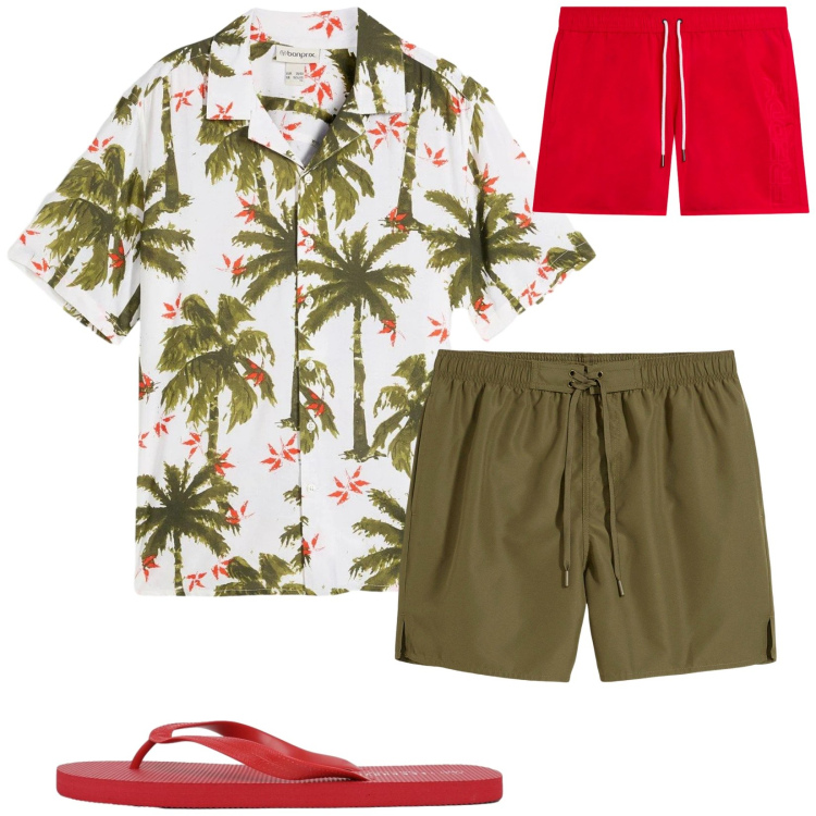 Outfit uomo - Total look #2415534. Stile Trendy per Mare. Abbinamento con pantaloni corti, camicie a manica corta, sandali, costumi.