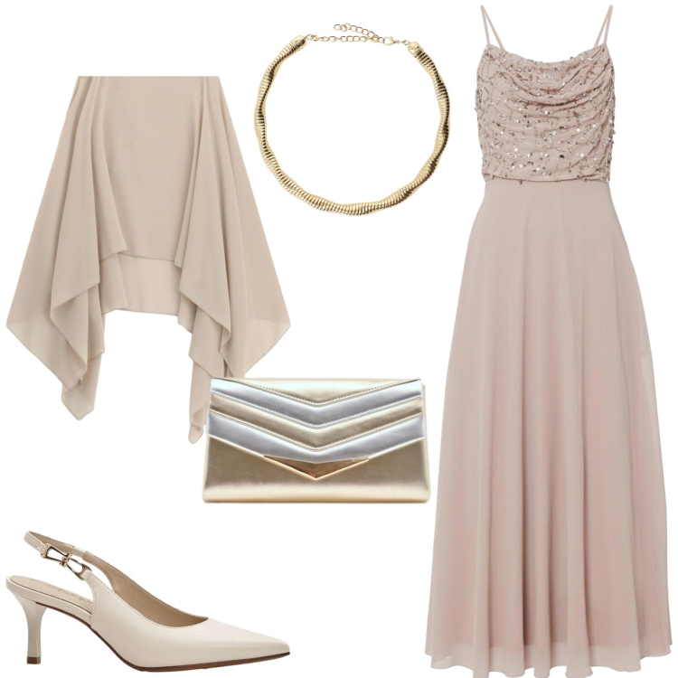 Outfit donna - L\'abito da cerimonia in estate. Stile Glamour per Cerimonia. Abbinamento con vestiti, décolleté, pochette, cappe, collane.