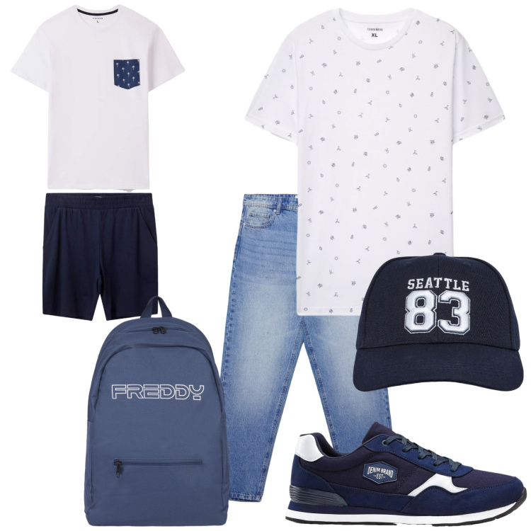 Outfit uomo - Pronto per il weekend fuori. Stile Casual per Tutti i giorni. Abbinamento con sneakers, cappelli, jeans, t-shirt, abbigliamento da notte, borse sportive.