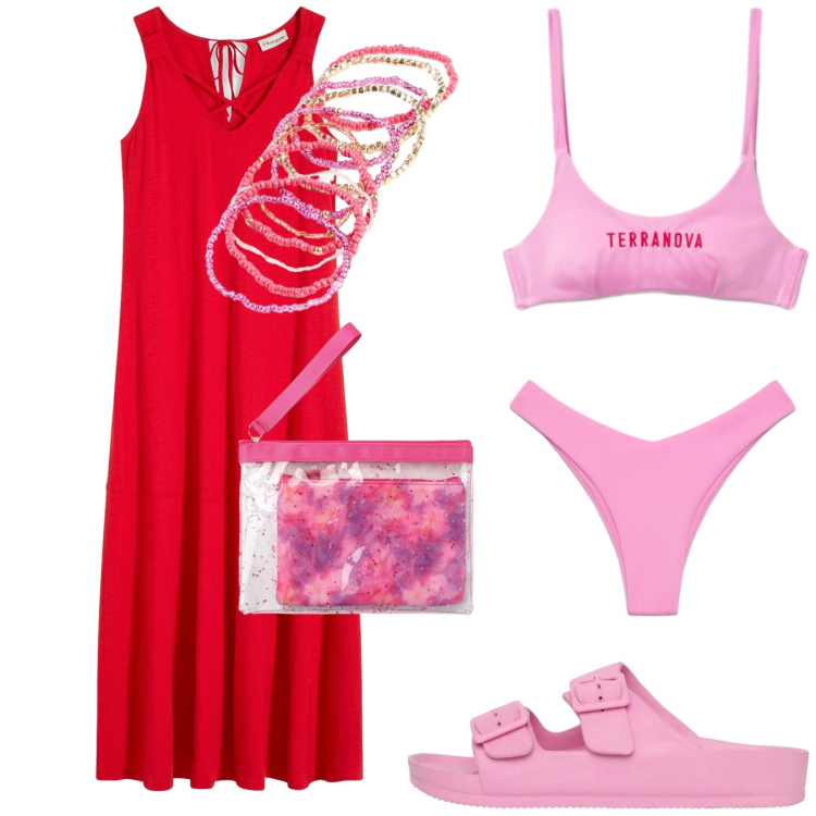 Outfit donna - Rasa e rosso al mare. Stile Trendy per Mare. Abbinamento con braccialetti, vestiti, pochette, ciabatte, bikini, bikini.