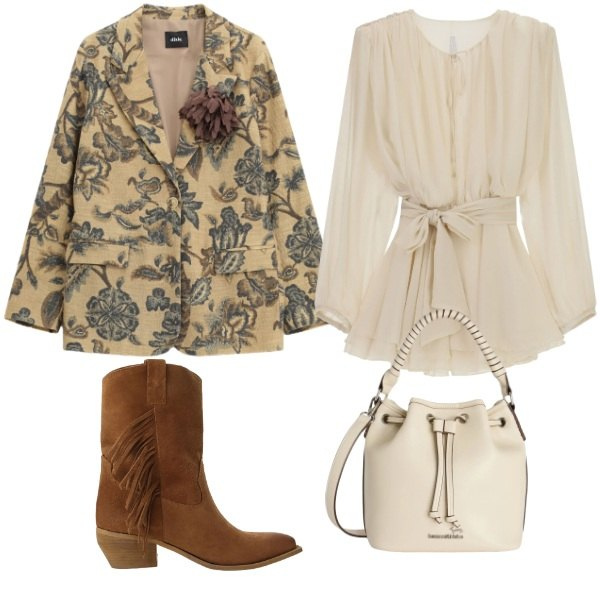 Outfit donna - Total look #2415548. Stile Trendy per Serata fuori. Abbinamento con vestiti corti, borse a secchiello, stivali, blazer.