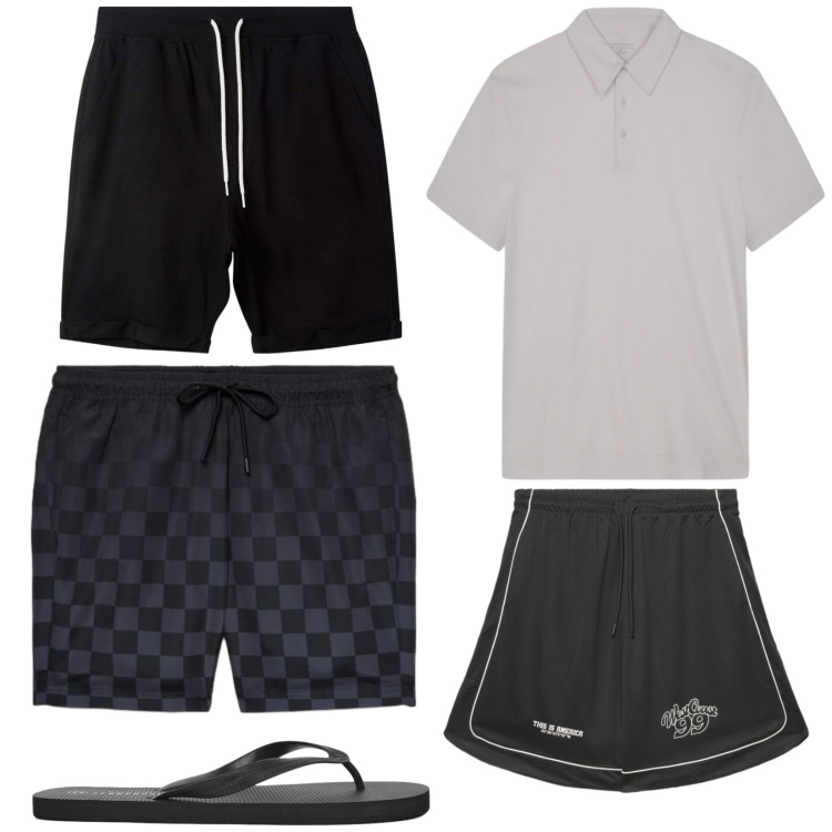 Outfit uomo - Total look #2415555. Stile Casual per Mare. Abbinamento con pantaloni corti, sandali, costumi, pantaloni sportivi, polo.