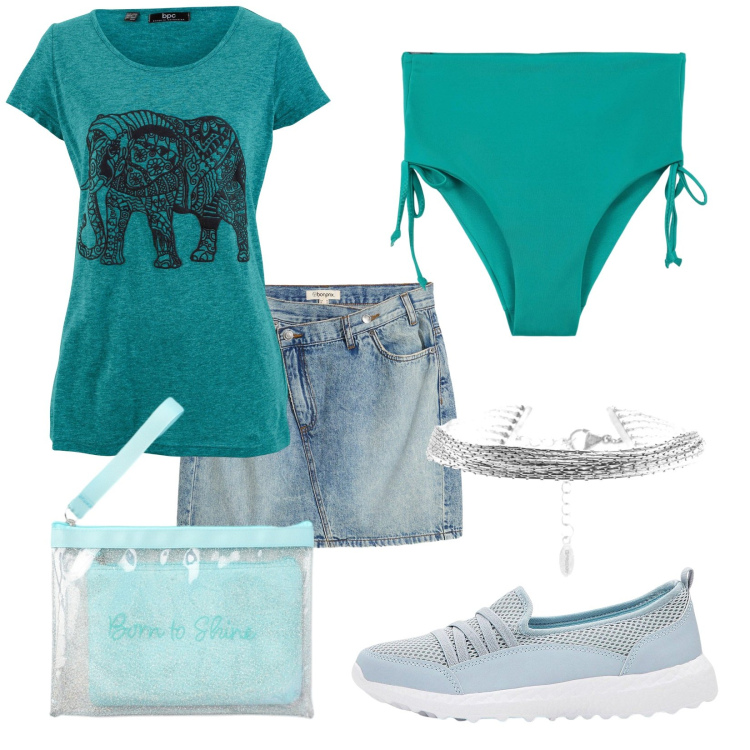 Outfit donna - Total look #2415567. Stile Casual per Mare. Abbinamento con sneakers, gonne, t-shirt, bikini, pochette, braccialetti.