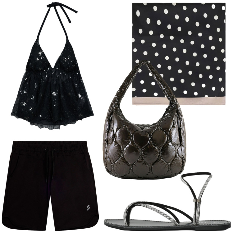Outfit donna - Solo nero. Stile Glamour per Tutti i giorni. Abbinamento con top, sandali, foulard, bermuda, borse tote.