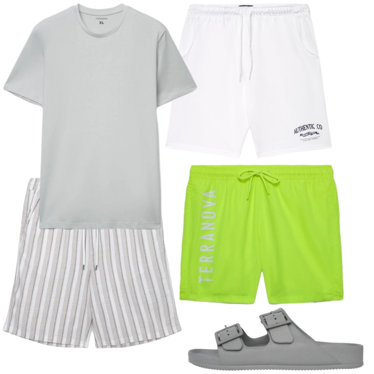 Outfit uomo - Total look #2415575. Stile Trendy per Mare. Abbinamento con pantaloni corti, t-shirt, sandali, costumi, pantaloncini sportivi.