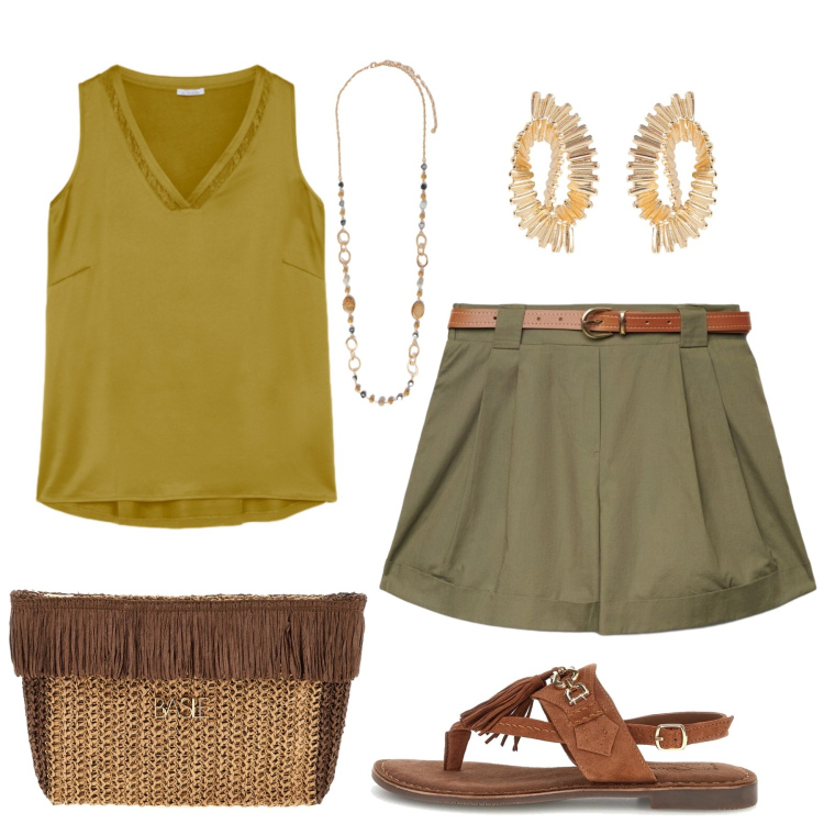 Outfit donna - Comoda e fresca. Stile Basic per Tutti i giorni. Abbinamento con shorts, orecchini, collane, top, sandali, pochette.
