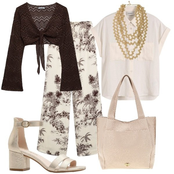Outfit donna - Total look #2415577. Stile Etnico per Serata fuori. Abbinamento con camicie, sandali col tacco, top, pantaloni, collane, borse a spalla.