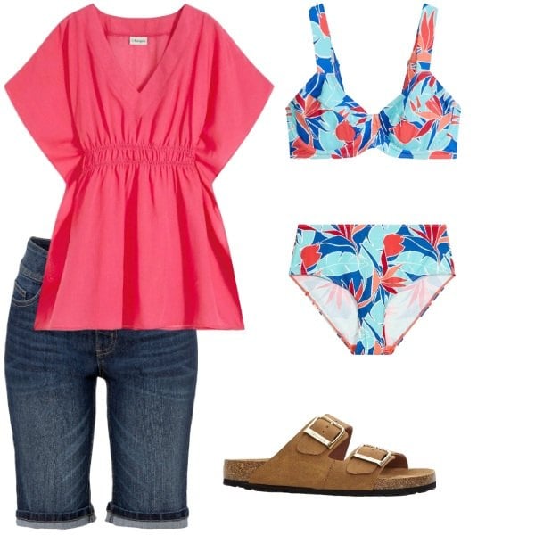 Outfit donna - Total look #2415578. Stile Glamour per Mare. Abbinamento con vestiti da spiaggia, bermuda, ciabatte, bikini.