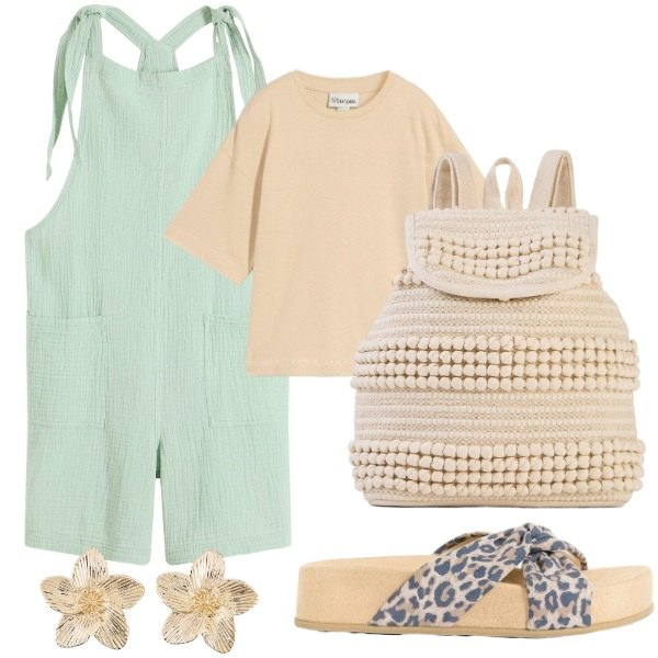 Outfit donna - Total look #2415579. Stile Trendy per Mare. Abbinamento con tuta corta, ciabatte, t-shirt, zaini, orecchini.