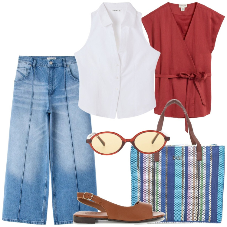 Outfit donna - City Summer Mood. Stile Urban per Tutti i giorni. Abbinamento con gilet, top, jeans, occhiali da sole, shopping bag, sandali in pelle.
