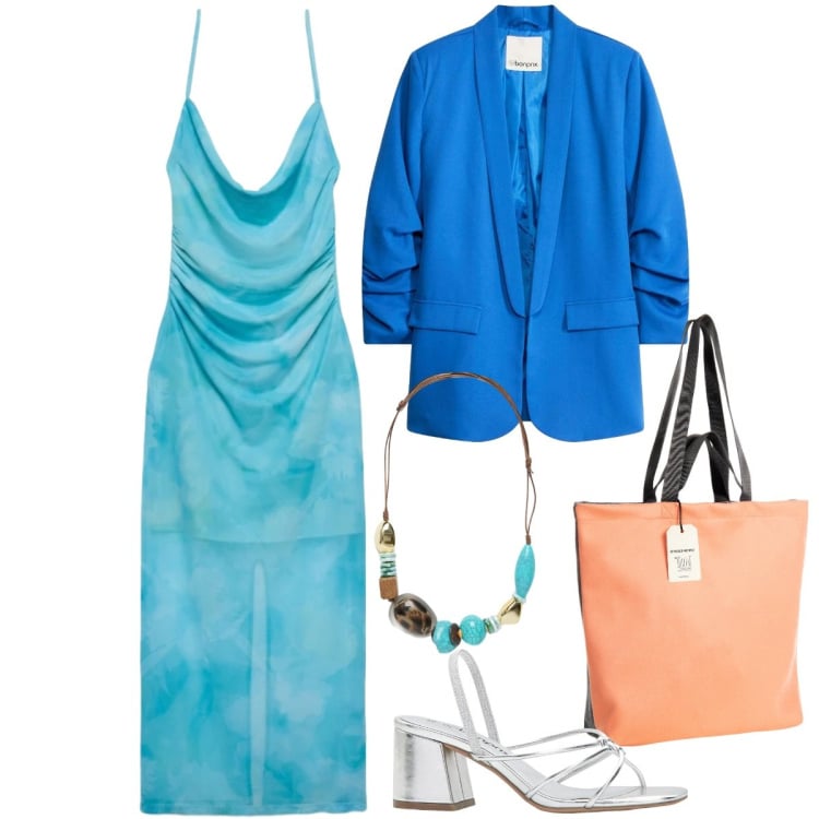 Outfit donna - Colori d\'estate - Focus donna curvy. Stile Casual chic per Tutti i giorni. Abbinamento con sandali col tacco, blazer, vestiti lunghi, borse tote, collane.