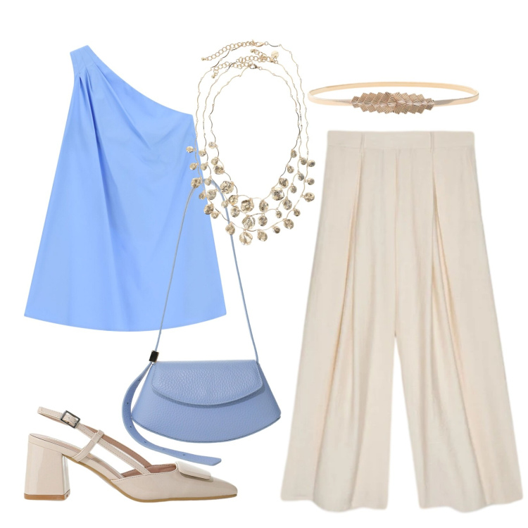 Outfit donna - Freschezza estiva. Stile Minimal per Serata fuori. Abbinamento con vestiti asimmetrici, décolleté, borse a spalla, cinture, collane, pantaloni a palazzo.