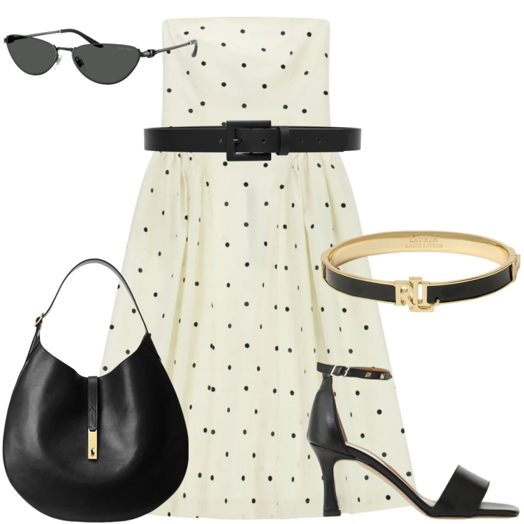 Outfit donna - Pois per un aperitivo al tramonto!. Stile Vintage retrò per Serata fuori. Abbinamento con cinture, sandali col tacco, vestiti midi/longuette, borse a spalla, braccialetti, occhiali da sole.