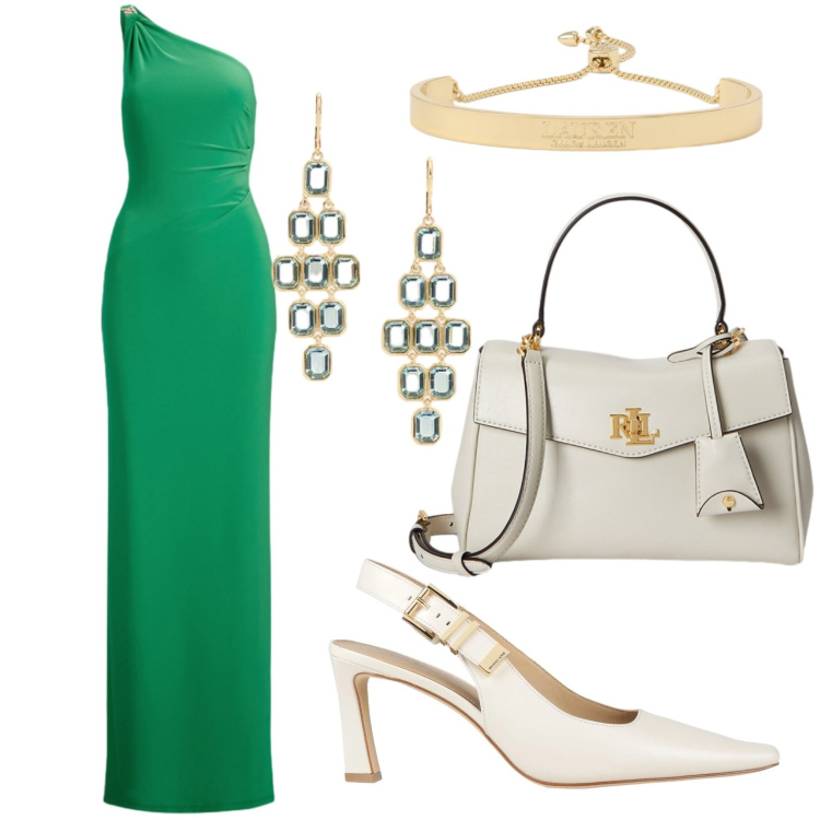Outfit donna - Scollatura greca. Stile Glamour per Cerimonia. Abbinamento con décolleté, vestiti asimmetrici, borse a mano, orecchini, braccialetti.