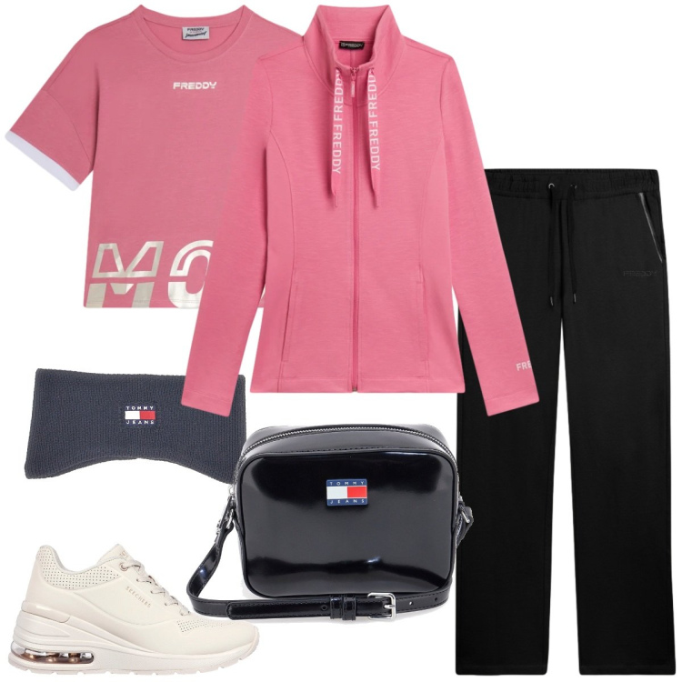 Outfit donna - Summer Energy. Stile Sporty chic per Tutti i giorni. Abbinamento con pantaloni, t-shirt, felpe, borse a tracolla, fasce per capelli, sneakers.