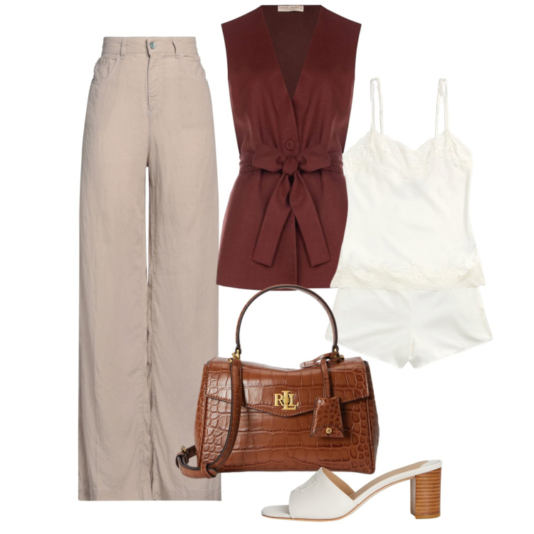 Outfit donna - Lino e leggerezza. Stile Chic per Ufficio. Abbinamento con jeans, gilet, pigiama, sandali in pelle, borse a mano.