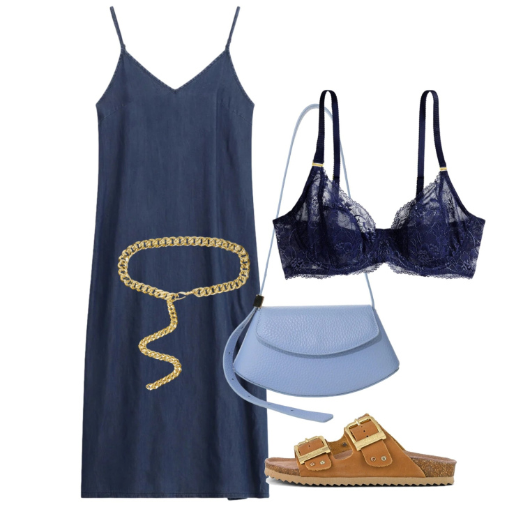 Outfit donna - Prime sere d’estate. Stile Chic per Serata fuori. Abbinamento con borse a spalla, vestiti midi/longuette, cinture, reggiseni, sandali.
