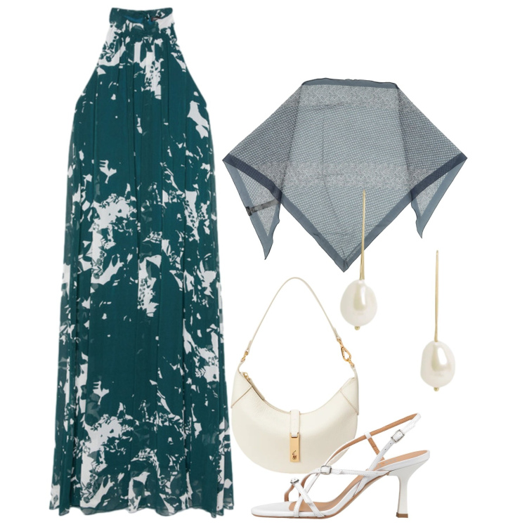 Outfit donna - Prime sere d’estate. Stile Chic per Serata fuori. Abbinamento con sandali in pelle, stole, vestiti lunghi, borse a spalla, orecchini.