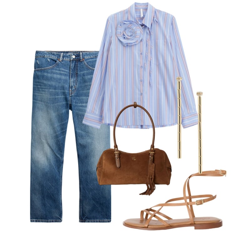 Outfit donna - Less Straps, More Style. Stile Casual per Tutti i giorni. Abbinamento con camicie, sandali in pelle, borse a spalla, jeans, orecchini.