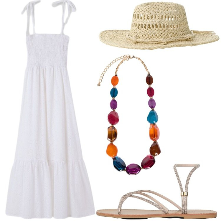 Outfit donna - Signora estate. Stile Boho per Tutti i giorni. Abbinamento con sandali, vestiti lunghi, cappelli, collane.