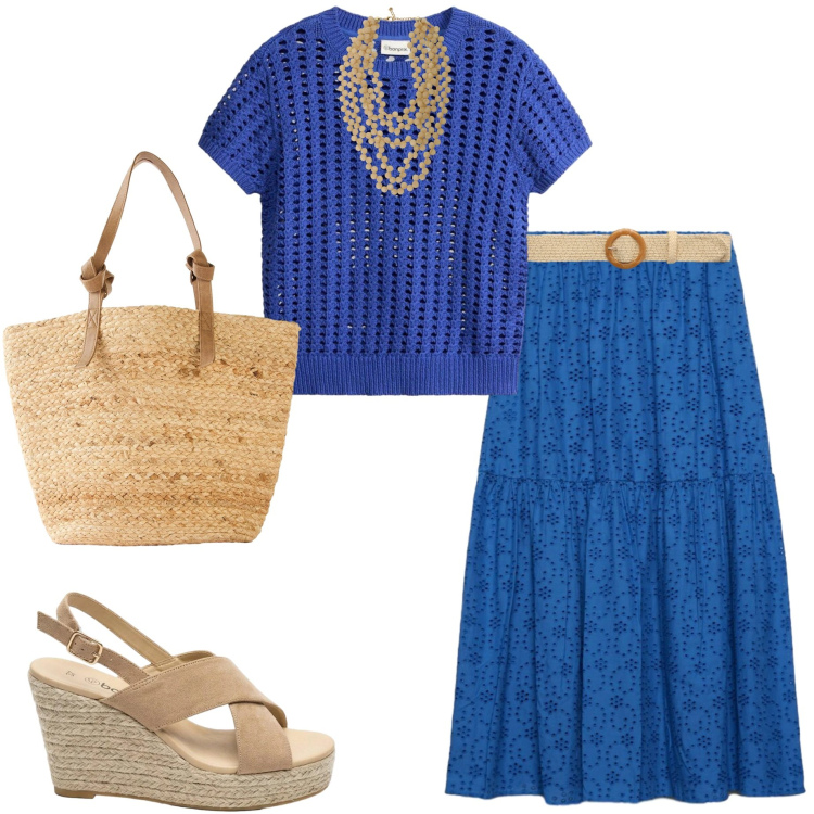 Outfit donna - Colori d\'estate. Stile Boho per Ufficio. Abbinamento con bluse, shopping bag, sandali col tacco, cinture, gonne lunghe, collane.